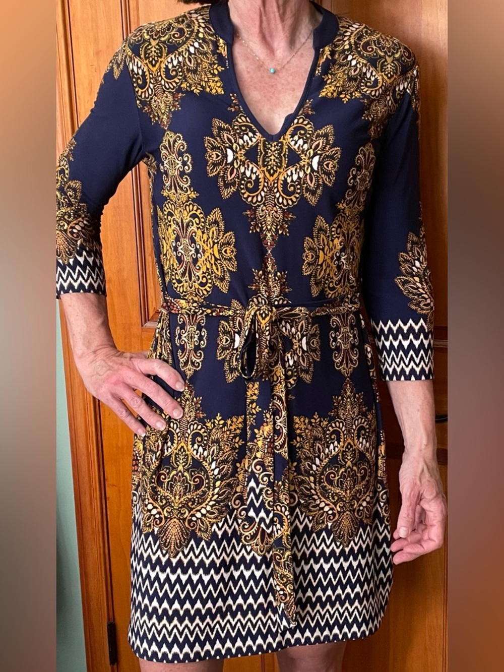 SD Collection Navy and Gold Printed Tie-Waist Long Sleeve Dress